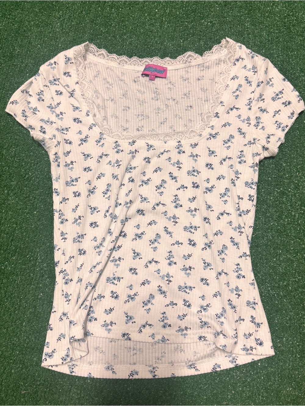 Edikted Cream Ribbed Scoop Neck Tee with Blue Floral Print